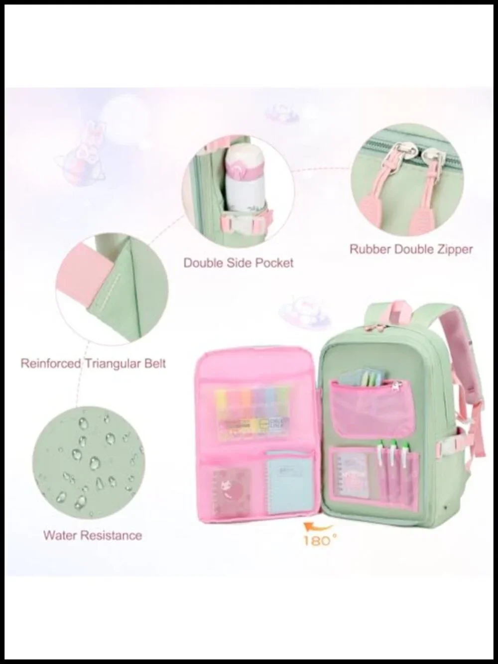 Girls Backpack Set with Lunch Box & Pencil Case, Kawaii Bunny School Bookbag,